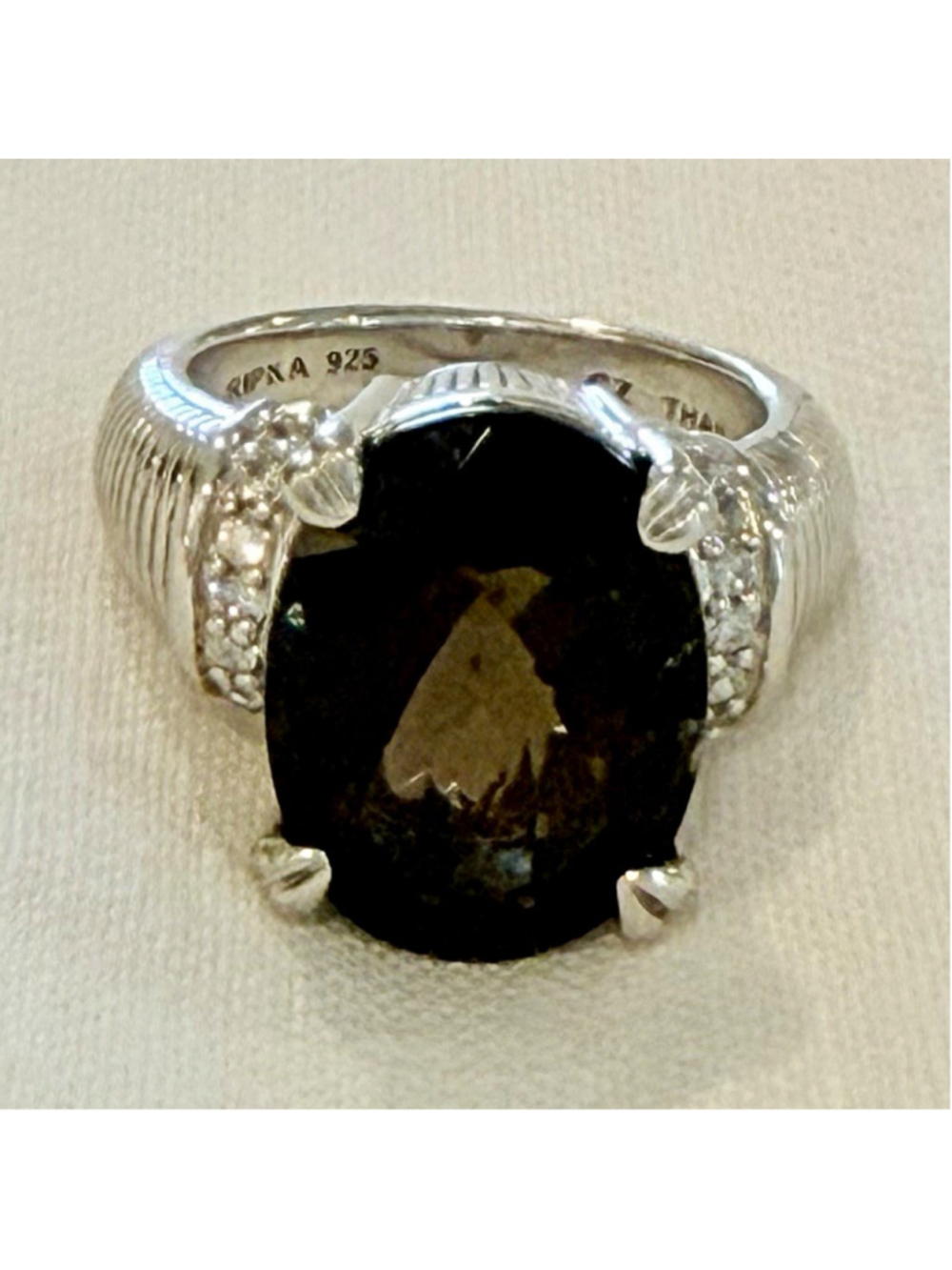 Judith Ripka 925 Sterling Silver Oval Smokey Quartz Prong Set Ring Size 7 Signed